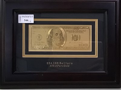 Lot 546 - USA HUNDRED DOLLARS 999.9 PURE GOLD NOTE