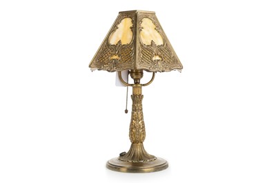 Lot 622 - BRADLEY & HUBBARD, BRASS AND SLAG GLASS TABLE LAMP