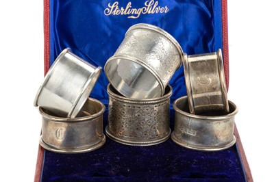 Lot 968 - GROUP OF SIX SILVER NAPKIN RINGS