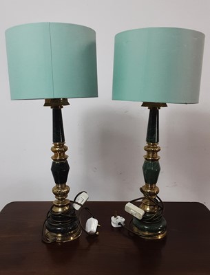 Lot 673 - PAIR OF BRASS AND GREEN MARBLE TABLE LAMPS