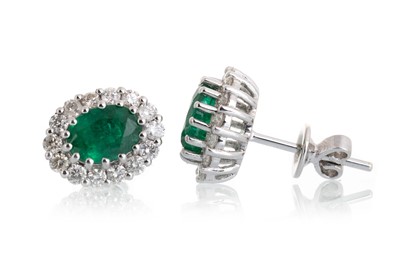 Lot 491 - PAIR OF EMERALD AND DIAMOND CLUSTER EARRINGS