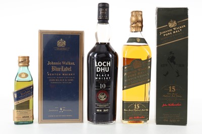 Lot 75 - LOCH DHU 10 YEAR OLD 20CL, JOHNNIE WALKER GREEN LABEL 20CL AND JOHNNIE WALKER BLUE LABEL MINIATURE