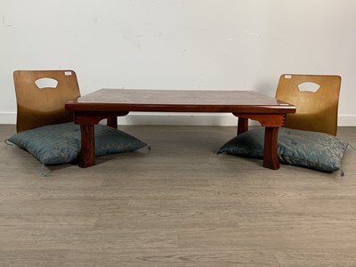 Lot 459 - UNUSUAL JAPANESE / CHINESE HARDWOOD TABLE WITH TWO CHAIRS