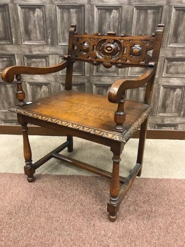 Lot 825 - EARLY 20TH CENTURY CARVED OAK ARMCHAIR with...