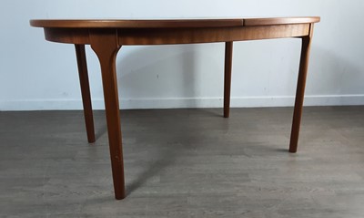 Lot 225 - TEAK EXTENDING DINING TABLE AND SIX CHAIRS