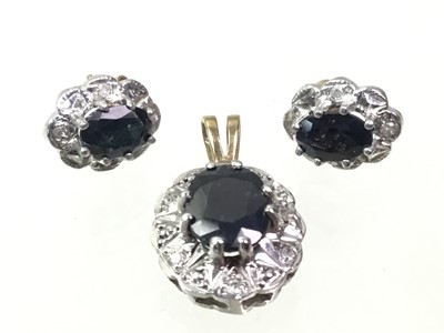 Lot 486 - SAPPHIRE AND DIAMOND PENDANT AND EARRING SET