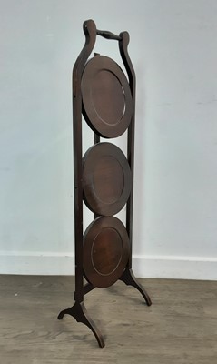 Lot 607 - MAHOGANY THREE TIER FOLDING CAKE STAND