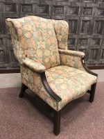 Lot 1007 - MAHOGANY FRAMED WING BACK ARMCHAIR OF GEORGE...