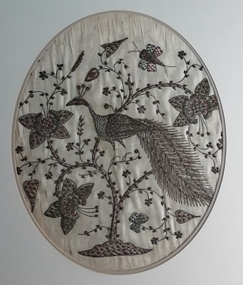 Lot 751 - OVAL SILK PANEL OF A PEACOCK