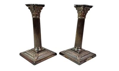 Lot 88 - PAIR OF SILVER PLATED CORINTHIAN COLUMN CANDLESTICKS