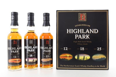 Lot 74 - HIGHLAND PARK 12 YEAR OLD, 18 YEAR OLD AND 25 YEAR OLD 3 X 33.3CL SET