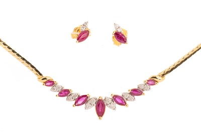 Lot 578 - RUBY AND DIAMOND NECKLET AND PAIR OF EARRINGS