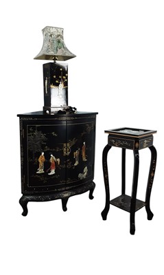 Lot 438 - JAPANESE BLACK LACQUERED CORNER CABINET