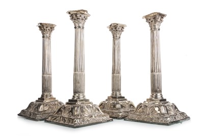 Lot SET OF FOUR GEORGE III SILVER CORINTHIAN COLUMN CANDLESTICKS