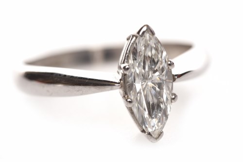 Lot 144 - DIAMOND SOLITAIRE RING set with a marquise cut...