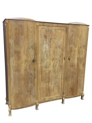 Lot 320 - WALNUT THREE DOOR WARDROBE