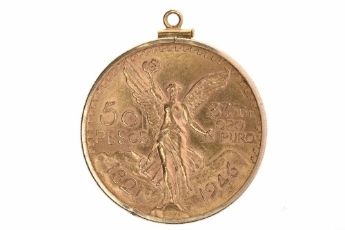 Lot 501 - GOLD MEXICAN 50 PESOS COIN in a pendant mount,...