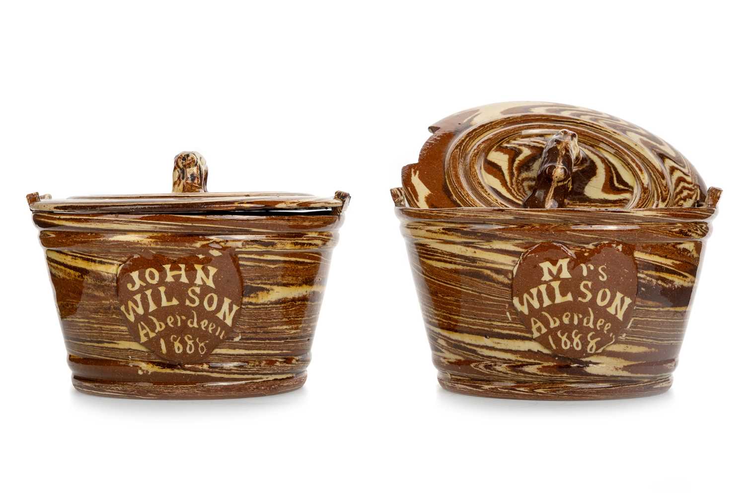 Lot 493 - SEATON POTTERY, PAIR OF VICTORIAN AGATE WARE LIDDED BUTTER BOWLS