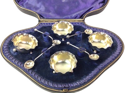 Lot 344 - SET OF FOUR SILVER SALT CELLARS AND SPOONS