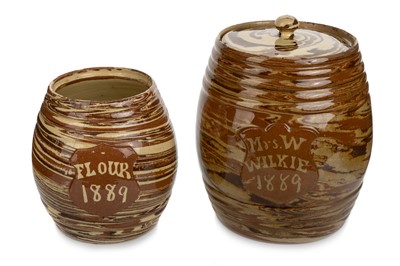 Lot 528 - SEATON POTTERY, VICTORIAN AGATE WARE STORAGE JARS