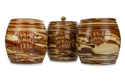 Lot 530 - SEATON POTTERY, THREE VICTORIAN AGATE WARE STORAGE JARS