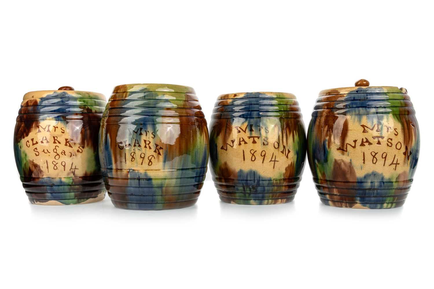 Lot 533 - SEATON POTTERY, TWO PAIRS OF VICTORIAN DAB WARE STORAGE JARS