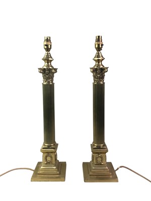 Lot 352 - PAIR OF BRASS CORINTHIAN PILLAR TABLE LAMPS