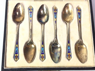 Lot 628 - SET OF SIX GEORGE V SILVER-GILT AND ENAMEL COFFEE SPOONS