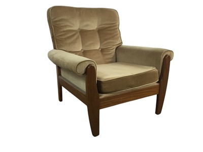 Lot 335 - THREE TEAK FRAMED ARMCHAIRS