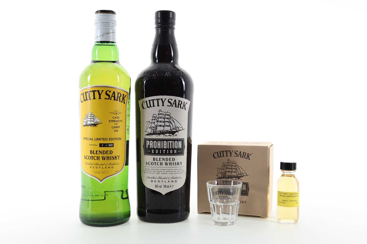 Lot 224 - CUTTY SARK CASK STRENGTH, MATCHING DUTY PAID SAMPLE MINIATURE, PROHIBITION AND 4 SHOT GLASSES