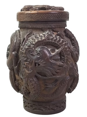 Lot 552 - CHINESE WOODEN CARVED TOBACCO JAR
