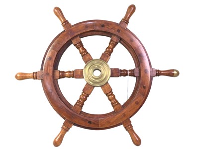 Lot 491 - STAINED WOOD AND BRASS SIX SPOKE SHIP'S WHEEL
