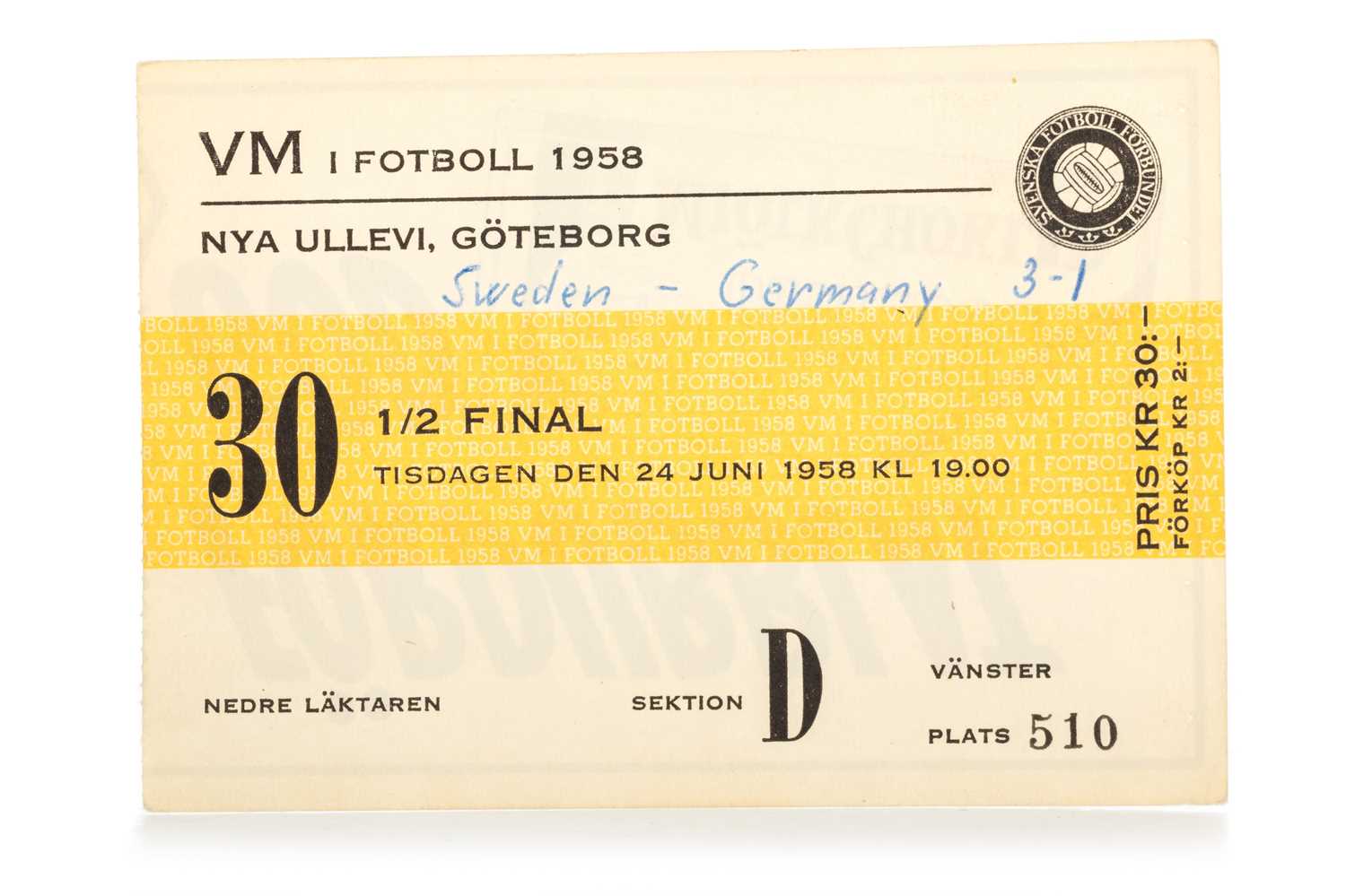 Lot 1807 - 1958 FIFA WORLD CUP SEMI-FINAL TICKET, SWEDEN VS. GERMANY