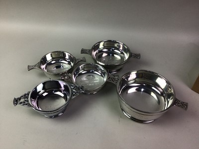 Lot 362 - FIVE PRESENTATION PEWTER QUAICHS