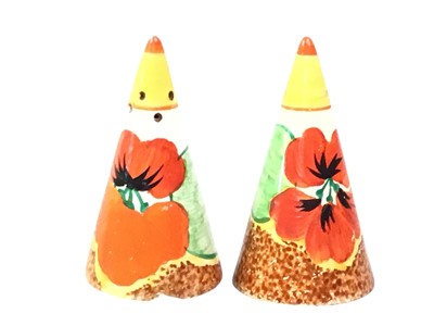 Lot 240 - IN THE MANNER OF CLARICE CLIFF, NASTURTIUM CONICAL SALT AND PEPPER