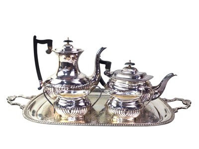 Lot 395 - FOUR PIECE SILVER PLATED TEA AND COFFEE SERVICE AND TRAY