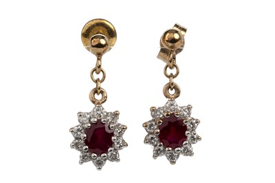 Lot 594 - PAIR OF RUBY AND DIAMOND DROP EARRINGS