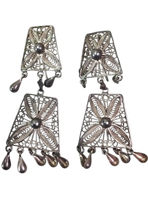 Lot 368 - TWO SETS OF ASIAN WHITE METAL DROP EARRINGS