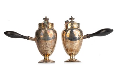 Lot 1039 - PAIR OF GEORGE V SILVER CHOCOLATE POTS