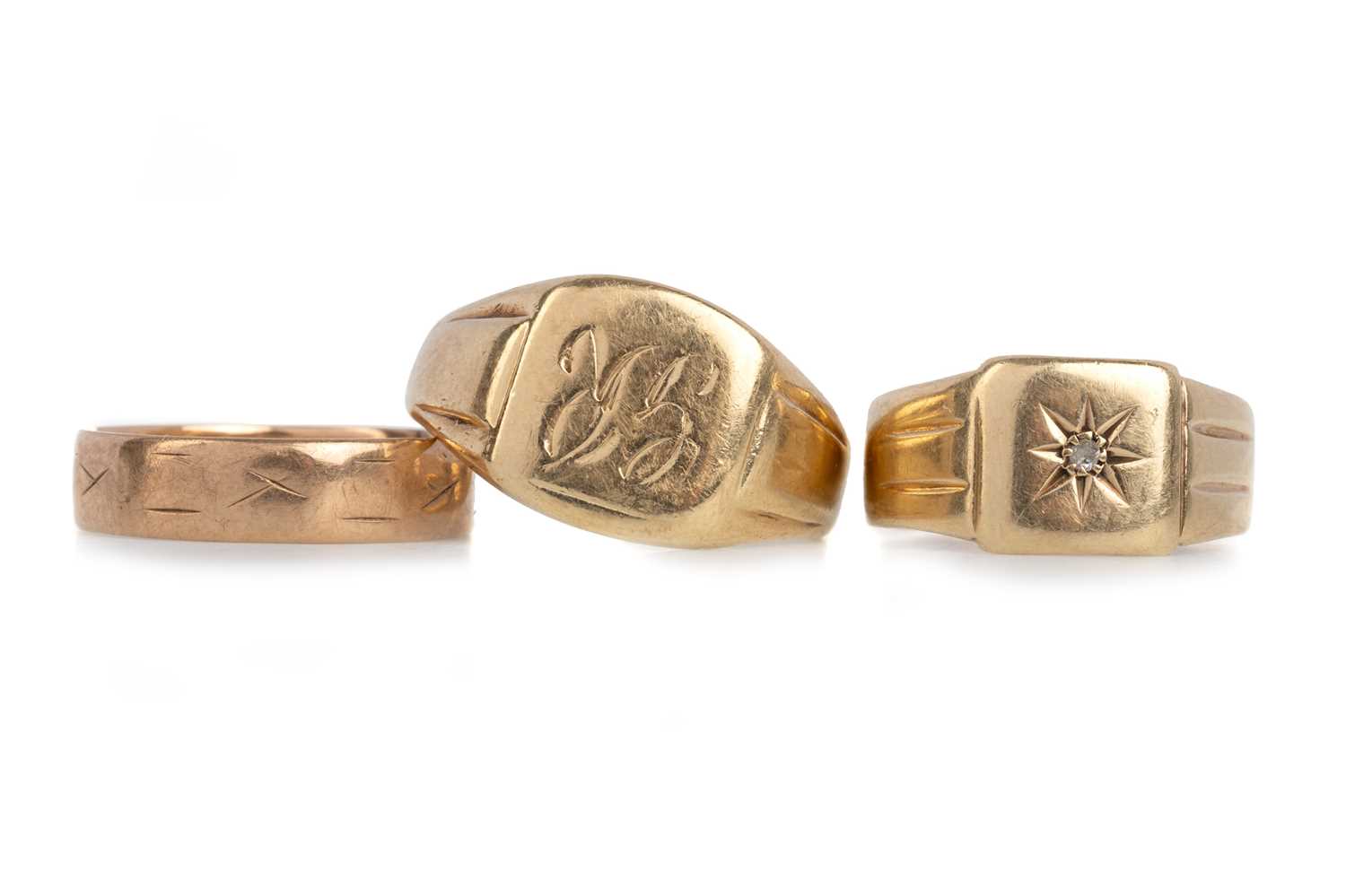 Lot 590 - TWO SIGNET RINGS AND A WEDDING RING,