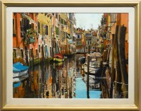 Lot 35 - CONTEMPORARY SCHOOL, COLOURFUL CANAL oil on...