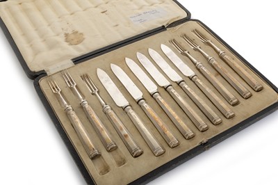Lot 1058 - LATE VICTORIAN SET OF SILVER HANDLED KNIVES AND FORKS