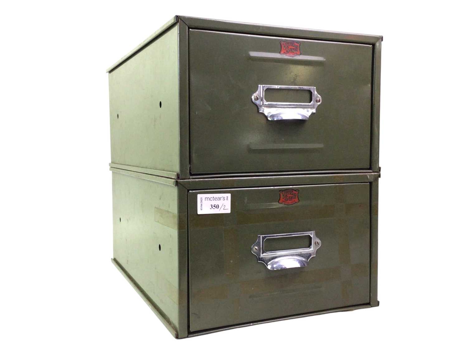 Lot 350 - PAIR OF VINTAGE GREEN DESK TOP FILING CABINETS