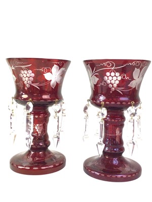 Lot 355 - PAIR OF RED CUT GLASS LUSTRES