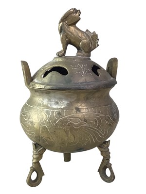 Lot 433 - CHINESE BRASS CENSER WITH LID