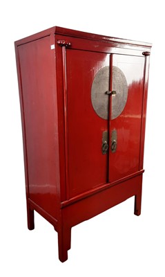 Lot 565 - CHINESE RED LACQUERED TWO DOOR CUPBOARD