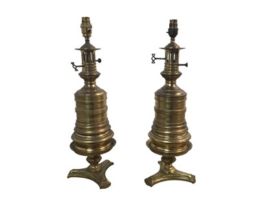Lot 568 - PAIR OF VICTORIAN BRASS CONVERTED TABLE LAMPS