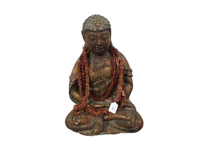 Lot 1502 - CARVED WOODEN FIGURE OF A BUDDHA
