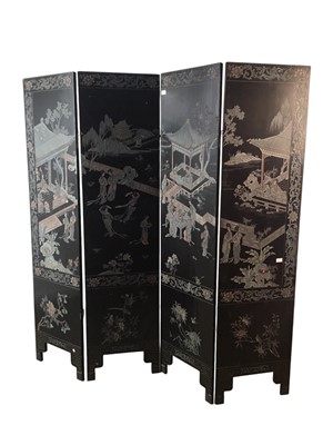 Lot 1514 - CHINESE BLACK LACQUERED FOUR PANEL FOLDING SCREEN