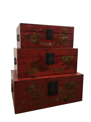 Lot 1509 - THREE CHINESE RED LACQUERED STORAGE BOXES